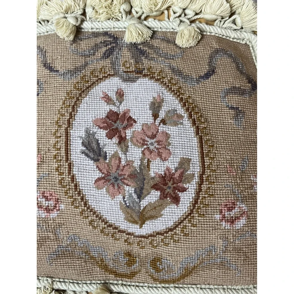 Wool Needlepoint Pillow Floral‎ Tassle Trim Shabby French Country Cottagecore